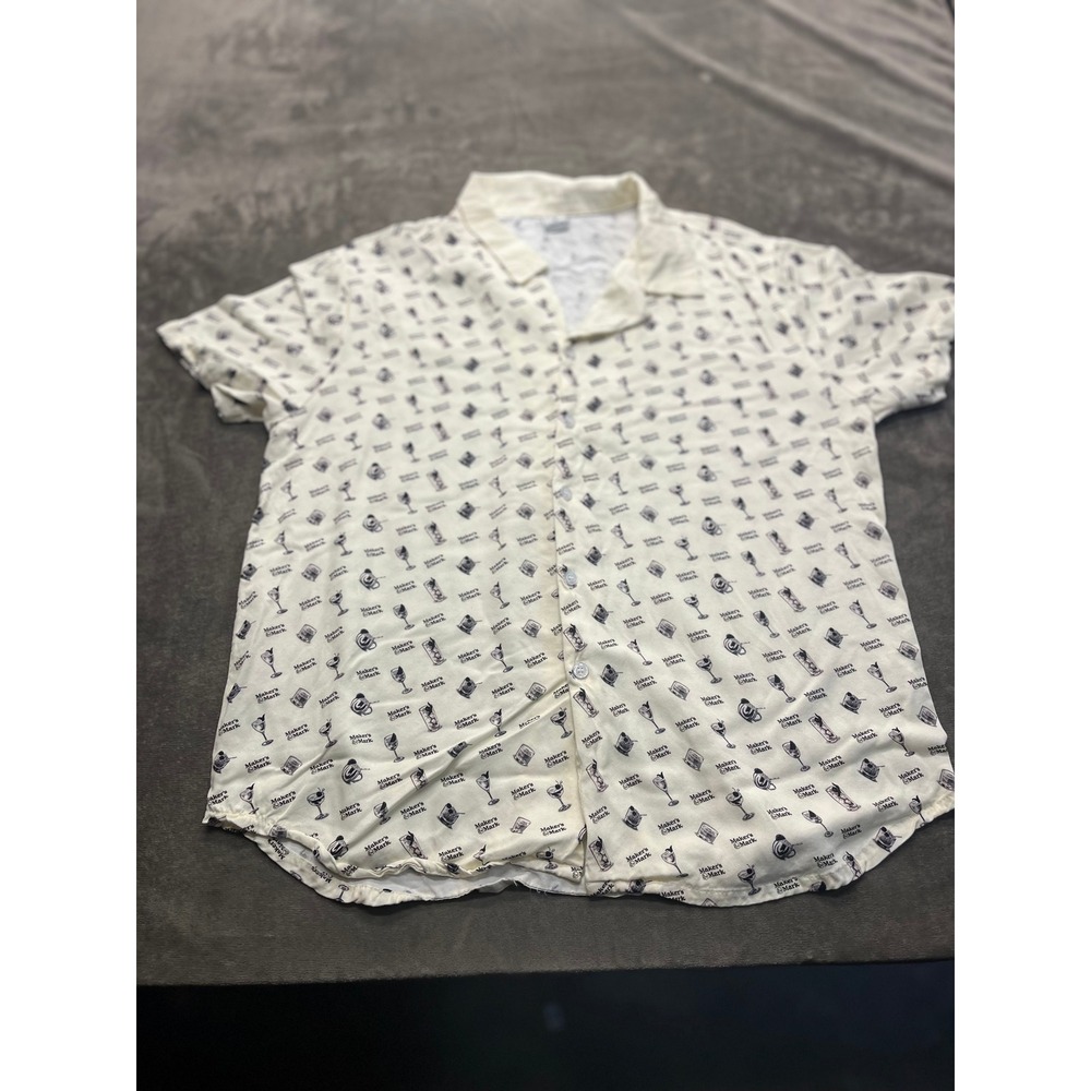 Makers‎ Mark Mens Cream Bourbon Whiskey Cocktail Print Camp Shirt Small vintage